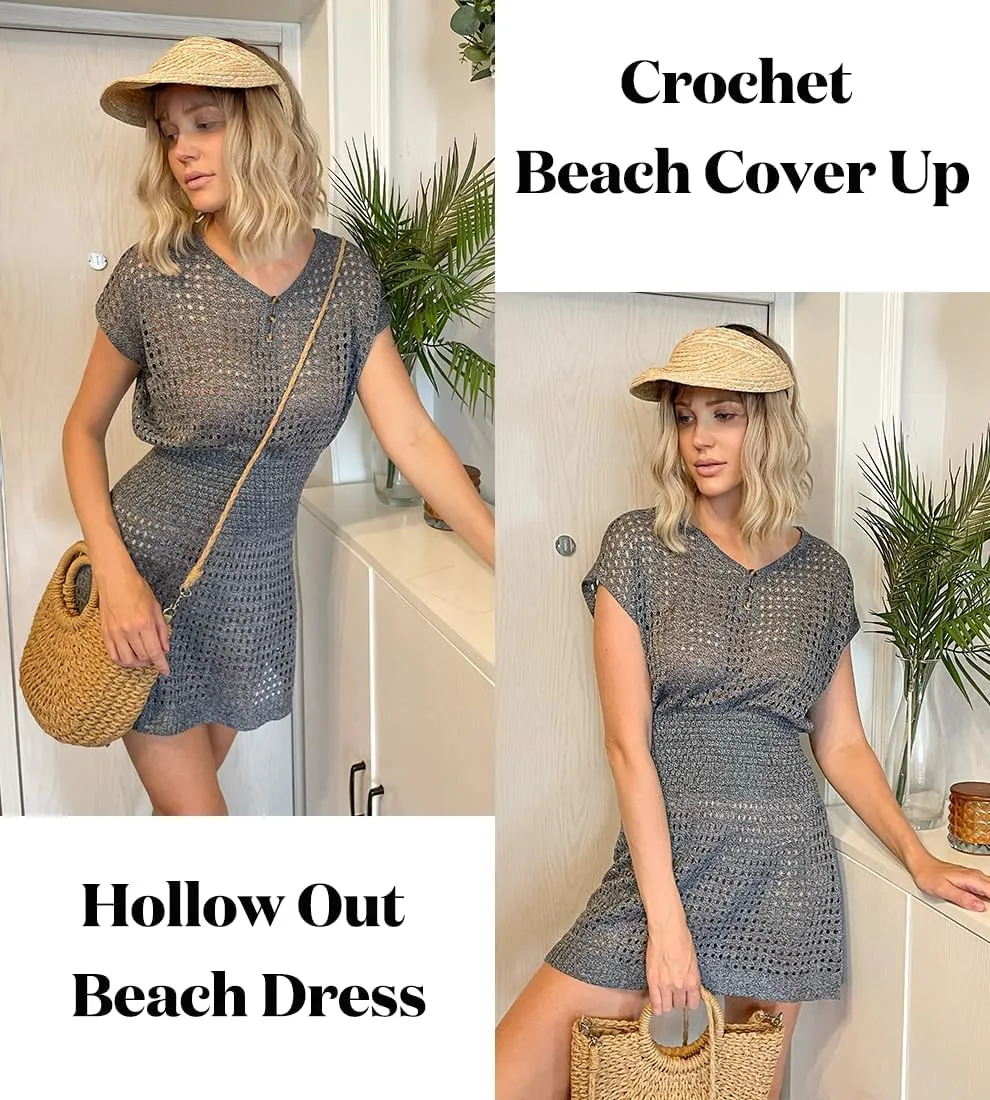 AOLRO Women's Swim Coverups Crochet Hollow Out Short Sleeve V Neck Beach Swimsuit Bathing Suit Cover Up Dresses S-XXL