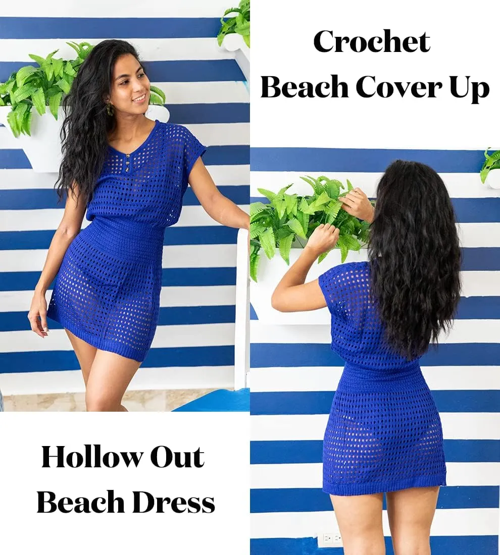 AOLRO Women's Swim Coverups Crochet Hollow Out Short Sleeve V Neck Beach Swimsuit Bathing Suit Cover Up Dresses S-XXL