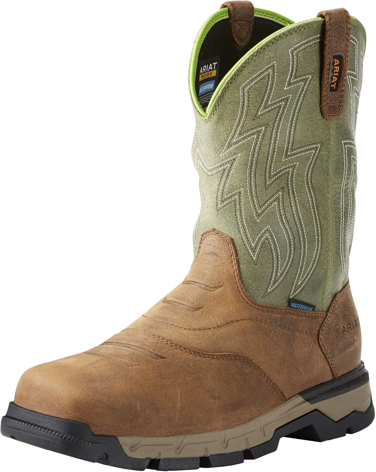 Ariat Rebar Flex Western Comp Toe H20 Rye Brown H20-10" Olive Green Top