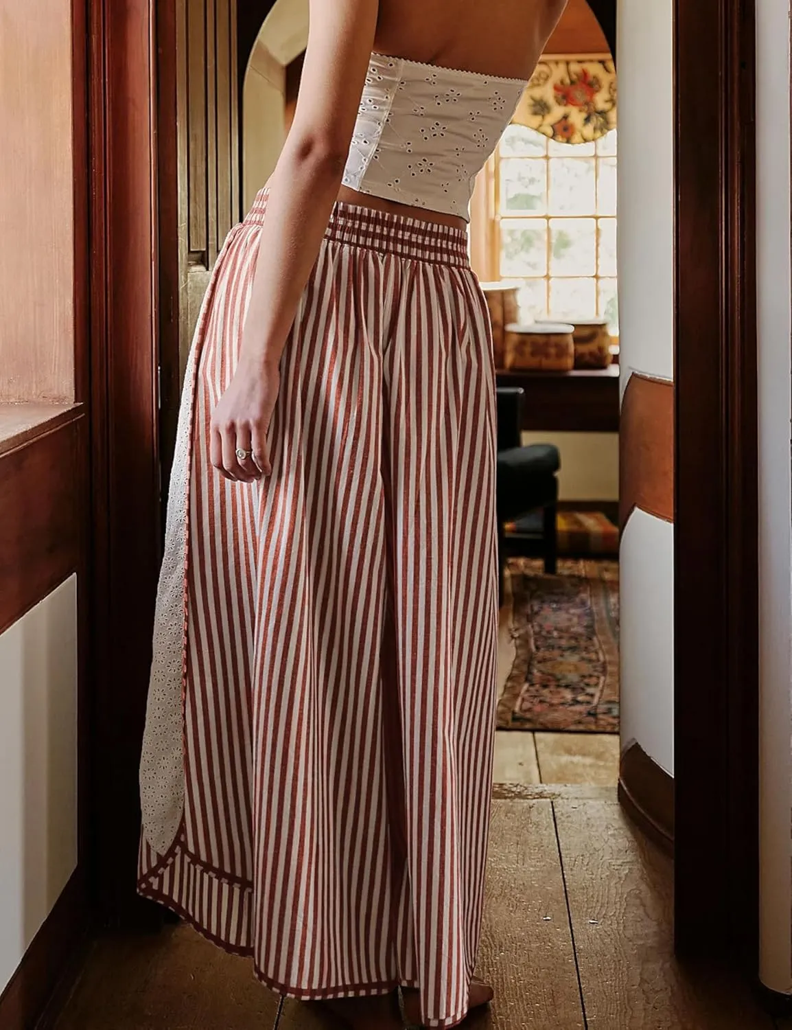 Athlisan Womens Summer Casual Loose Striped Wide Leg Lounge Pants Elastic Waist Palazzo Trousers