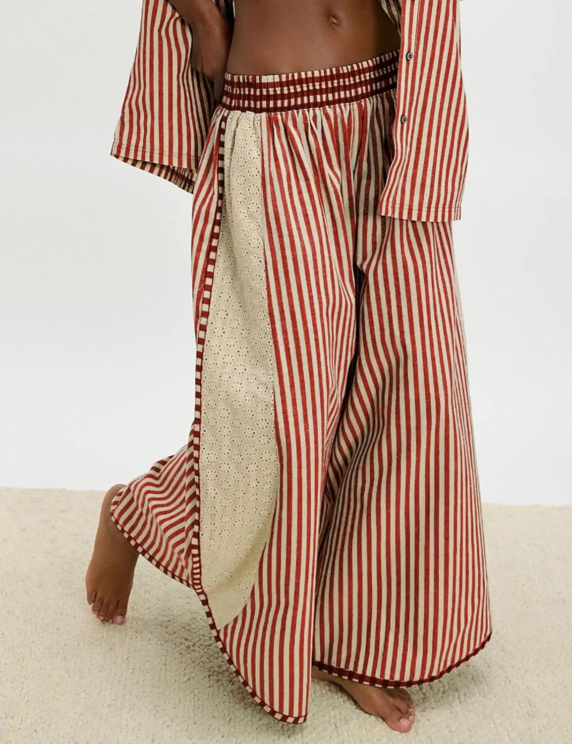 Athlisan Womens Summer Casual Loose Striped Wide Leg Lounge Pants Elastic Waist Palazzo Trousers