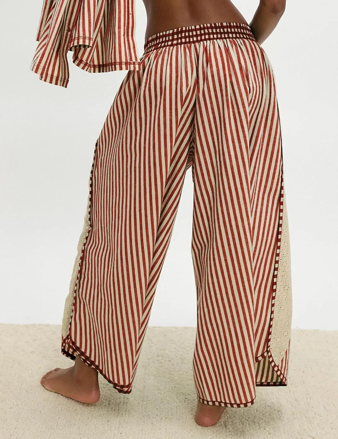 Athlisan Womens Summer Casual Loose Striped Wide Leg Lounge Pants Elastic Waist Palazzo Trousers