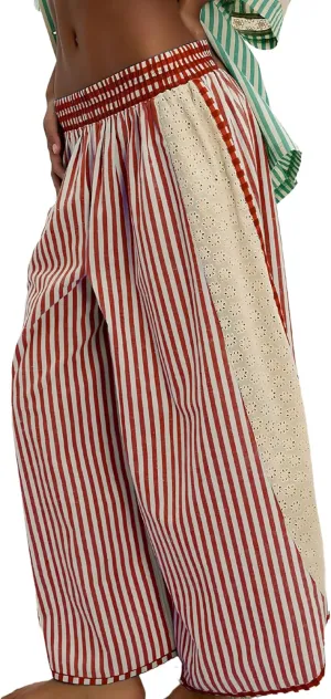 Athlisan Womens Summer Casual Loose Striped Wide Leg Lounge Pants Elastic Waist Palazzo Trousers