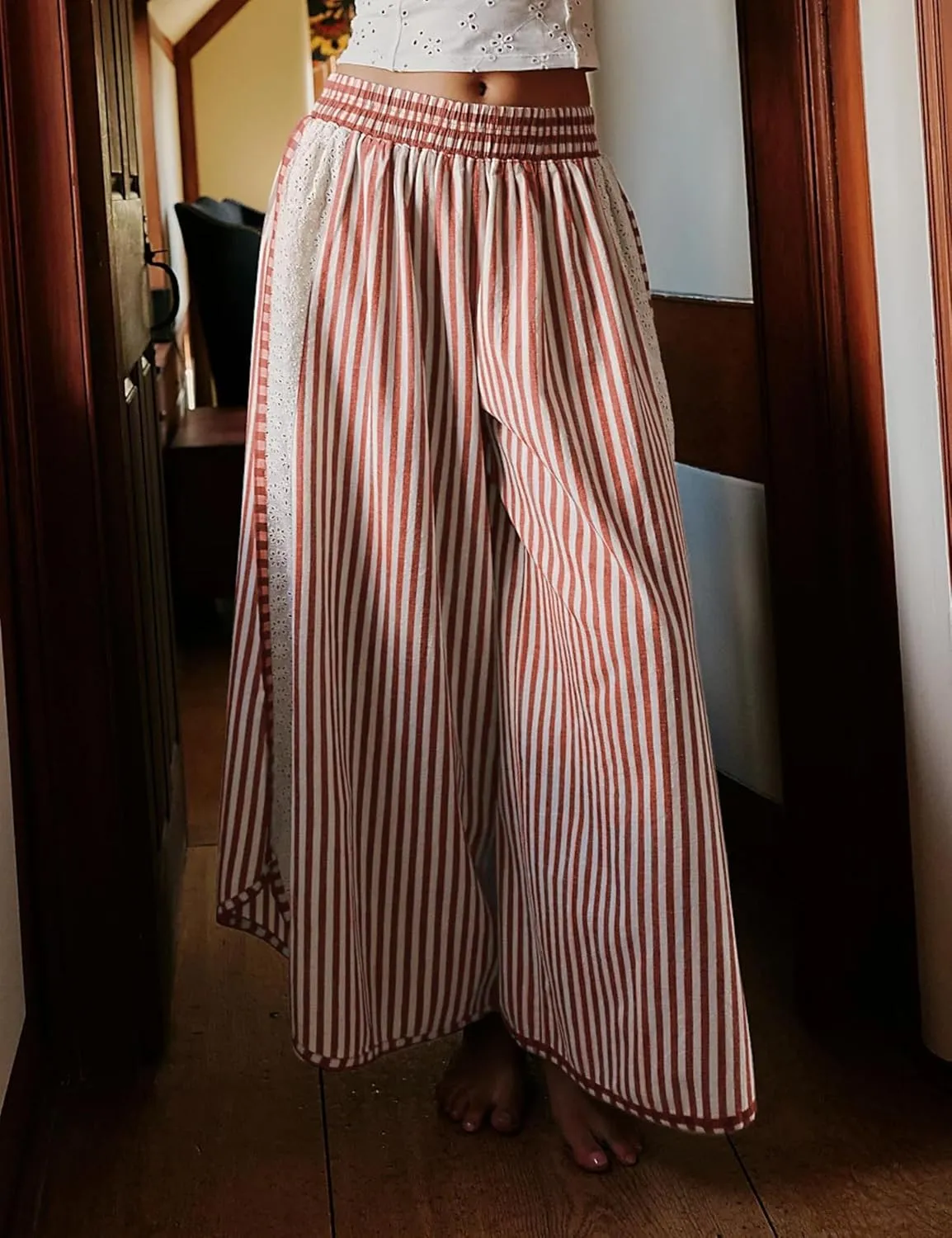 Athlisan Womens Summer Casual Loose Striped Wide Leg Lounge Pants Elastic Waist Palazzo Trousers