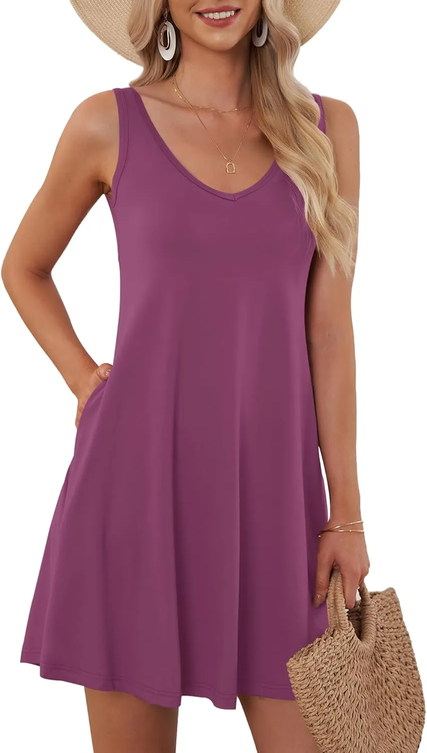 AUSELILY Women's Sleeveless V Neck Mini Dress Beach Cover Up Swimwear Bathing Suit Sundresses with Pockets 2025 New
