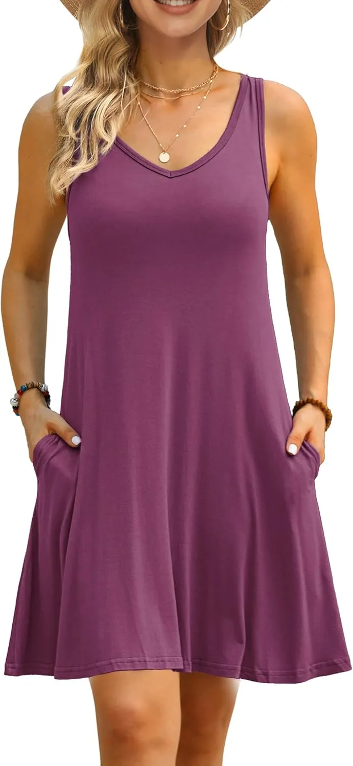 AUSELILY Women's Sleeveless V Neck Mini Dress Beach Cover Up Swimwear Bathing Suit Sundresses with Pockets 2025 New