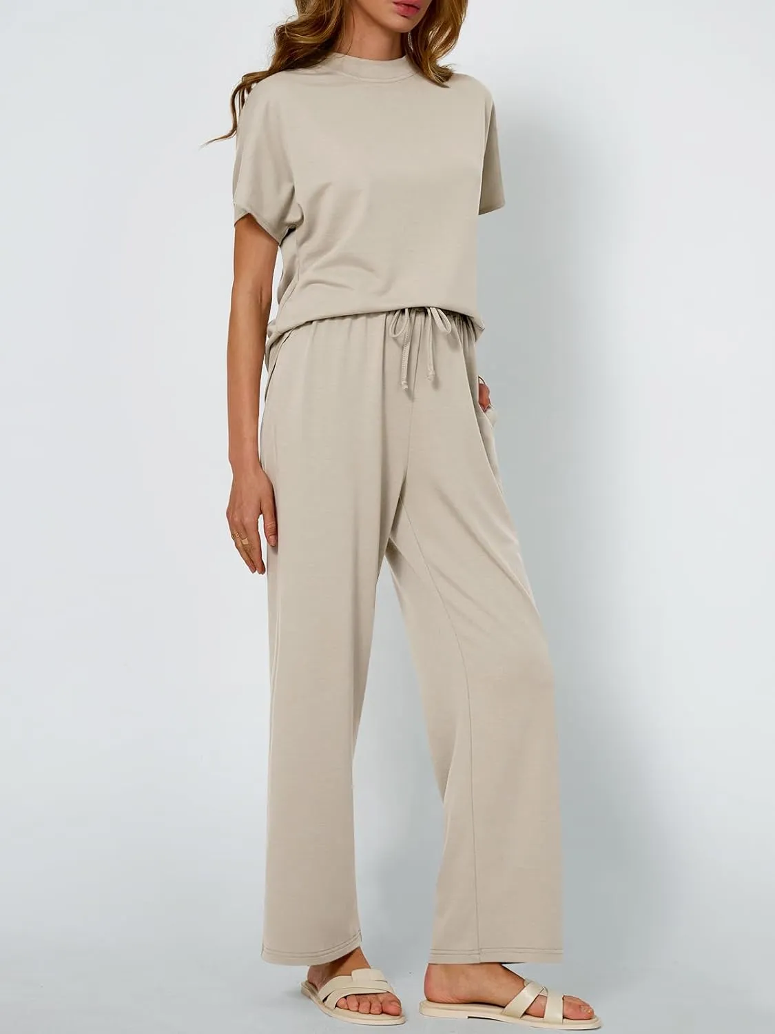 AUTOMET Women's Mock Neck 2 Piece Lounge Set Matching Summer Loose Fit Wide Leg Pants Set