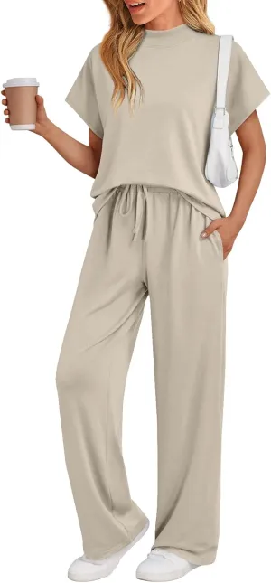 AUTOMET Women's Mock Neck 2 Piece Lounge Set Matching Summer Loose Fit Wide Leg Pants Set