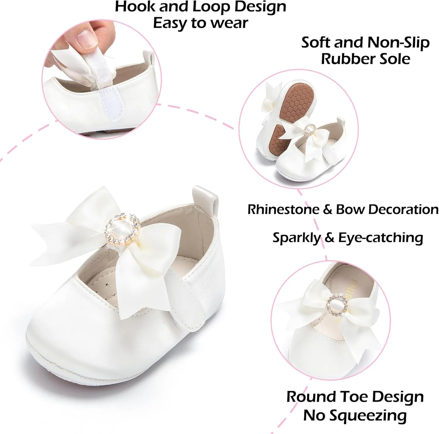 Baby Girls Mary Jane Flats - Infant Newborn Walking Shoes Soft Rubber Sole Princess Wedding
