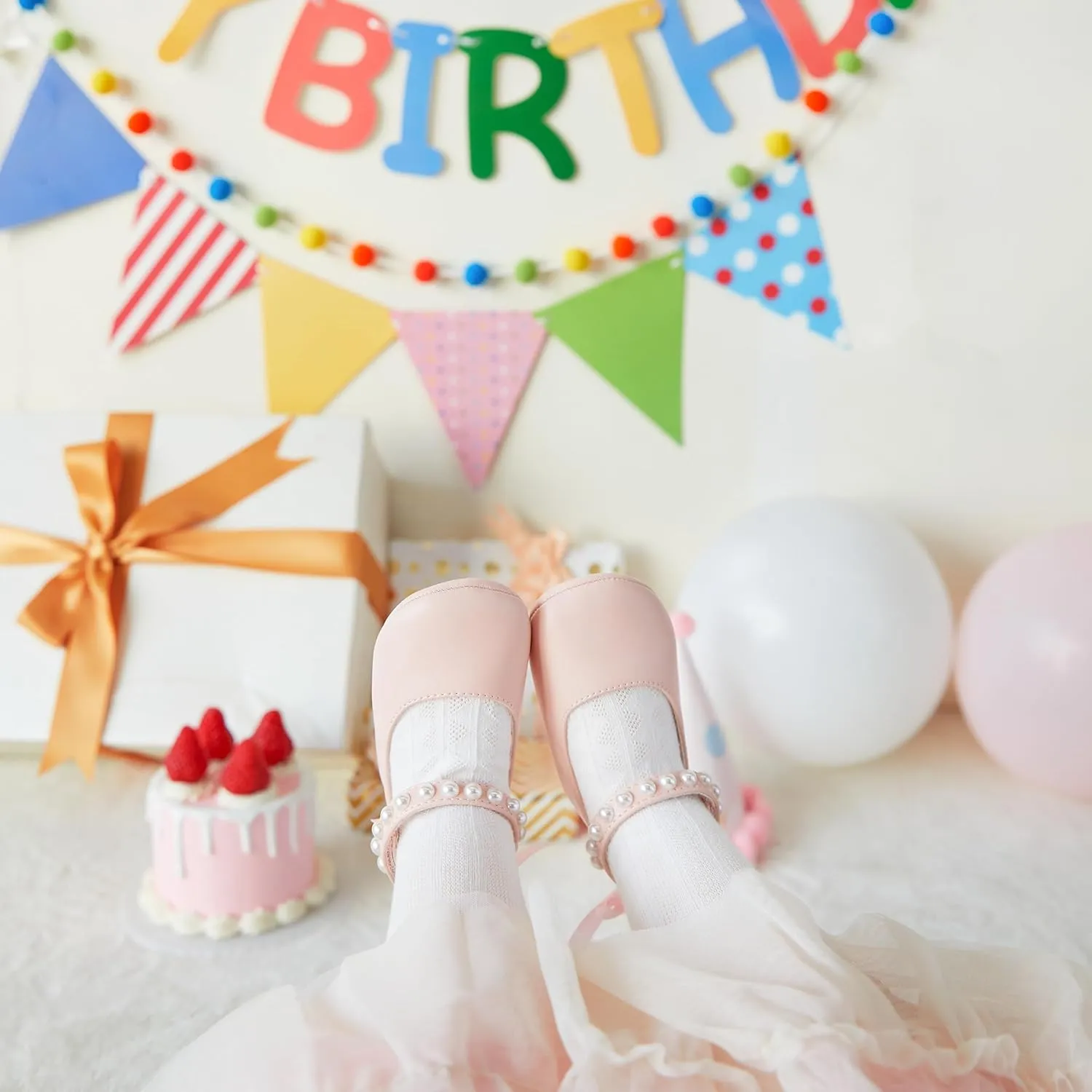 Baby Girls Mary Jane Flats - Infant Newborn Walking Shoes Soft Rubber Sole Princess Wedding