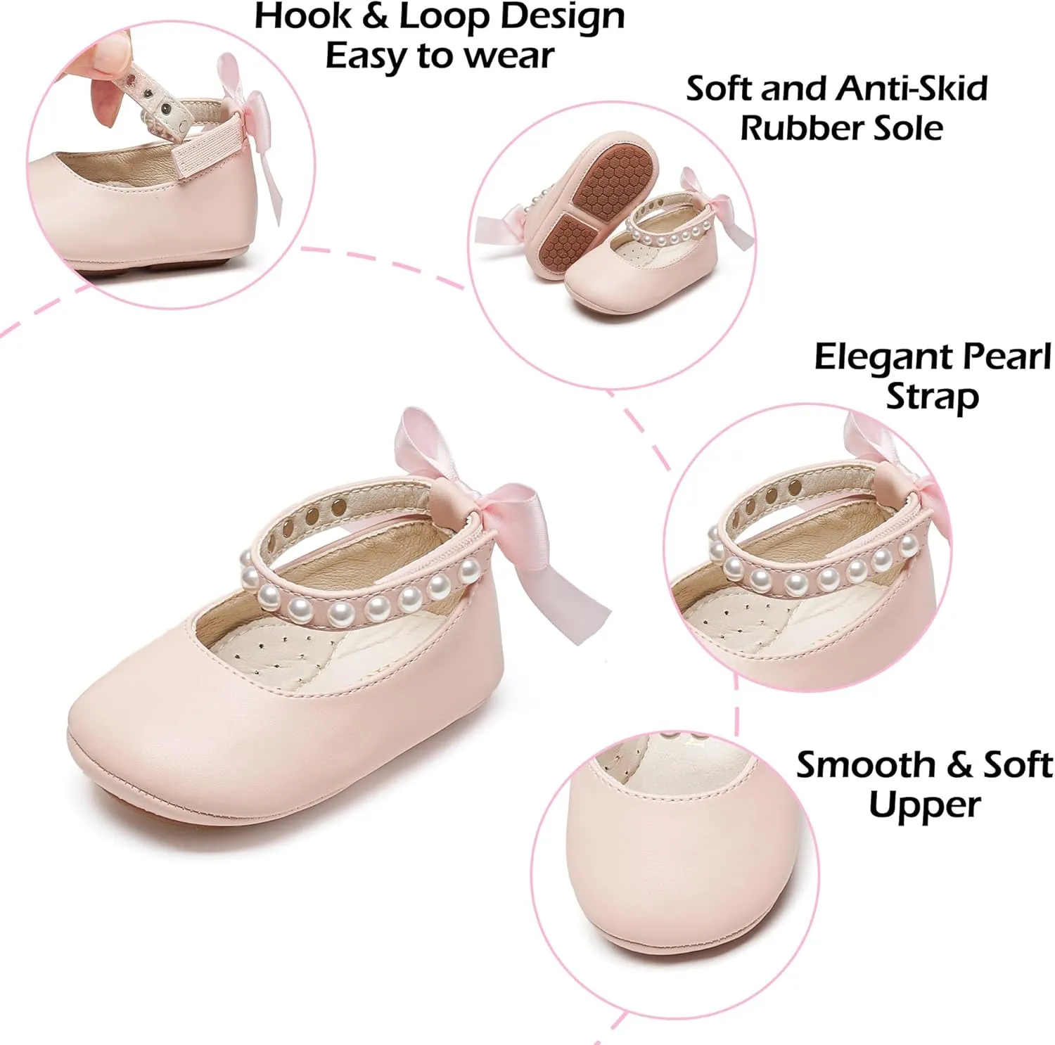 Baby Girls Mary Jane Flats - Infant Newborn Walking Shoes Soft Rubber Sole Princess Wedding