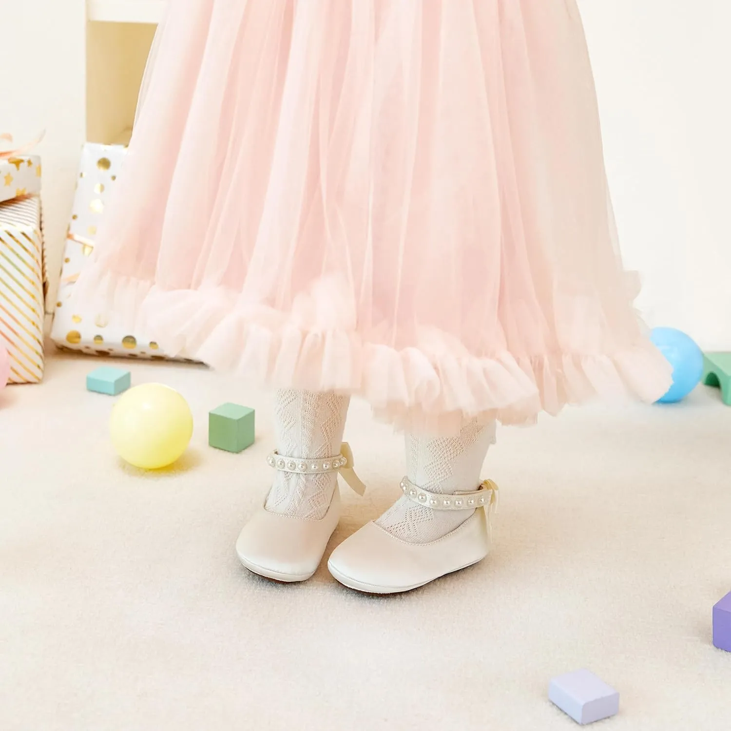 Baby Girls Mary Jane Flats - Infant Newborn Walking Shoes Soft Rubber Sole Princess Wedding