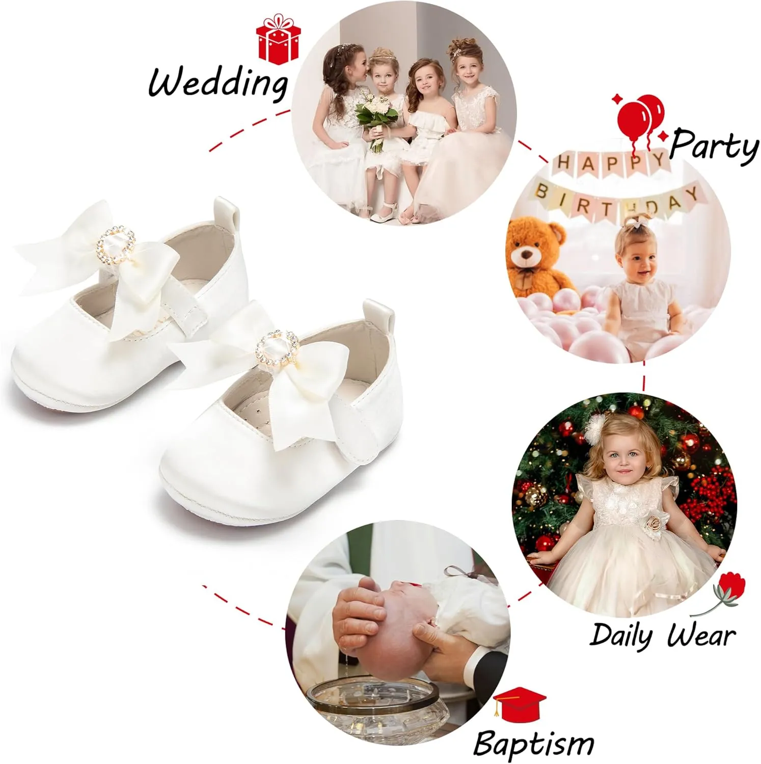 Baby Girls Mary Jane Flats - Infant Newborn Walking Shoes Soft Rubber Sole Princess Wedding