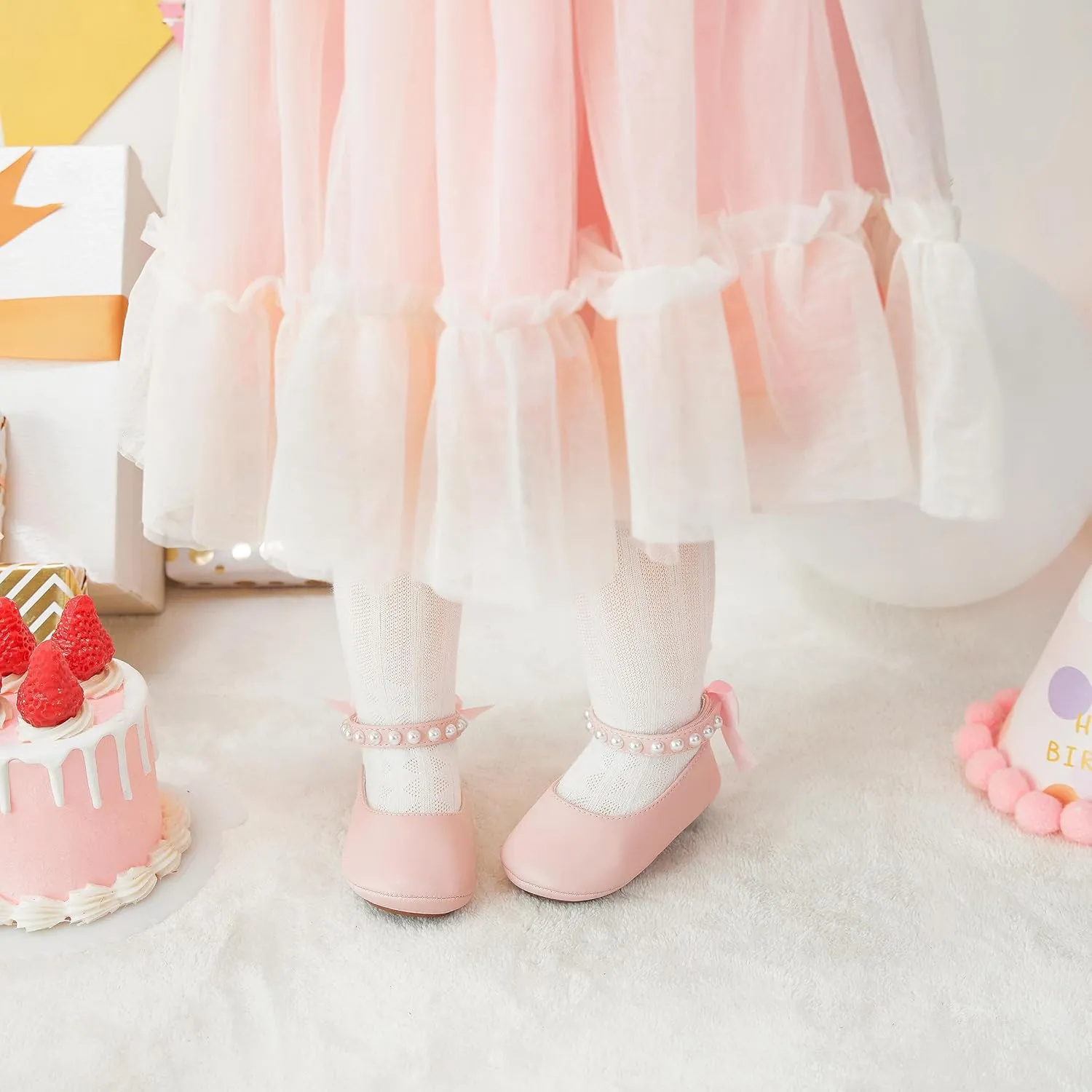 Baby Girls Mary Jane Flats - Infant Newborn Walking Shoes Soft Rubber Sole Princess Wedding