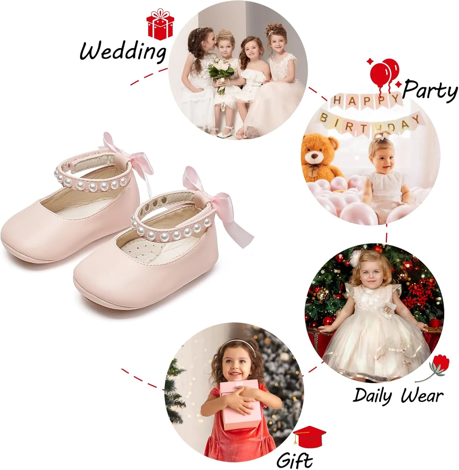 Baby Girls Mary Jane Flats - Infant Newborn Walking Shoes Soft Rubber Sole Princess Wedding