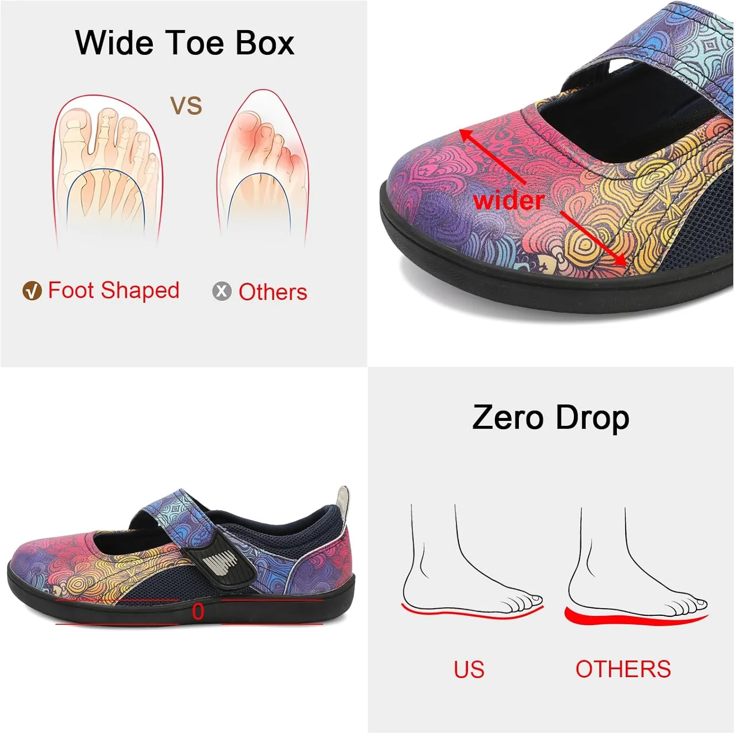 BARERUN Womens Walking Shoes Classic Mary Jane Flats Wide Toe Diabetic Shoes for Women Adjustable Breathable Lightweight Daily Barefoot Shoes