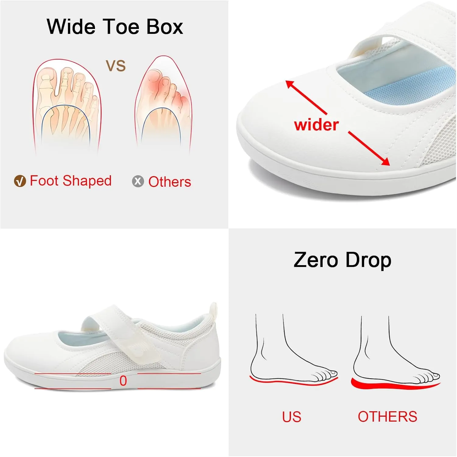 BARERUN Womens Walking Shoes Classic Mary Jane Flats Wide Toe Diabetic Shoes for Women Adjustable Breathable Lightweight Daily Barefoot Shoes