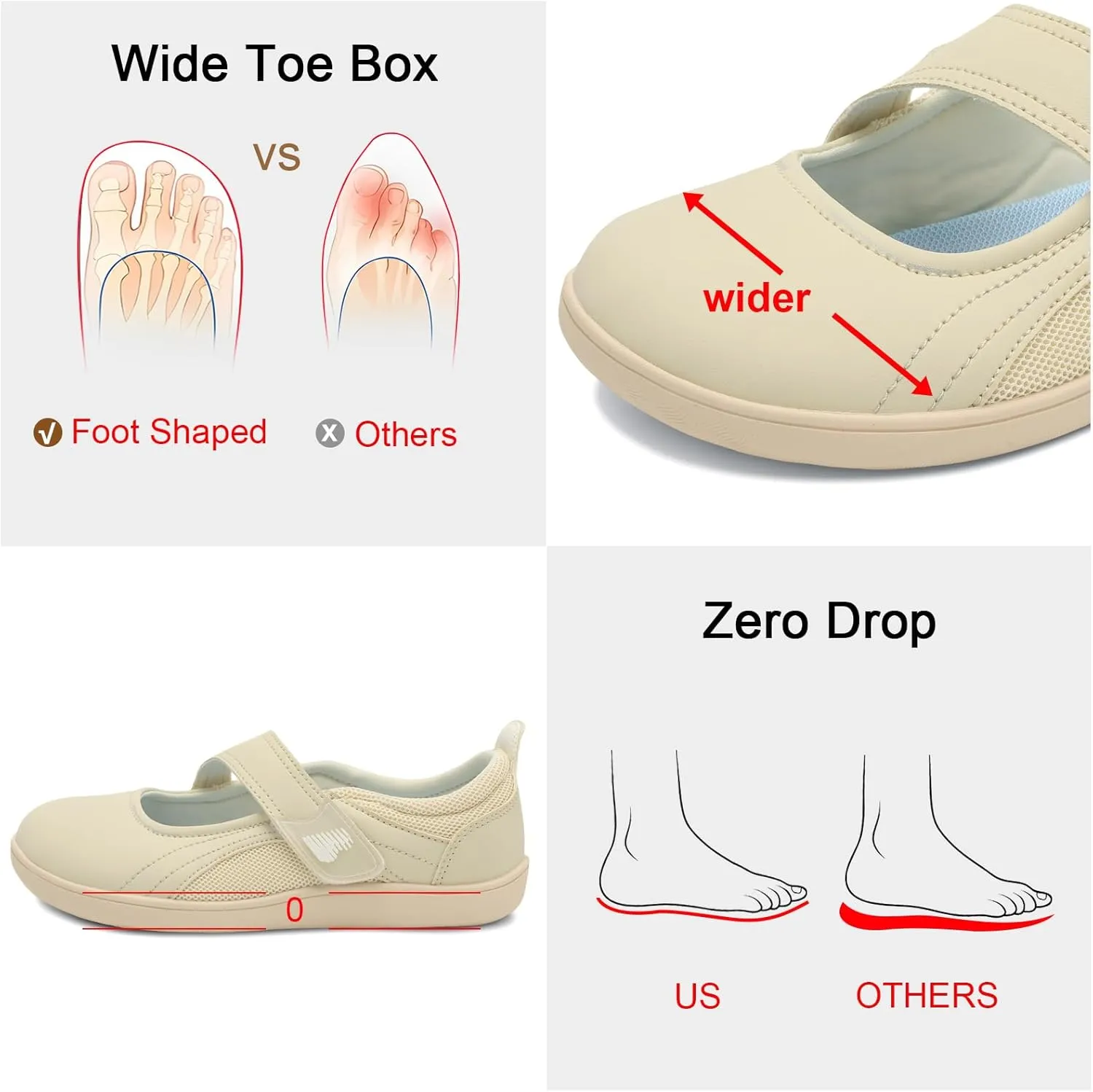 BARERUN Womens Walking Shoes Classic Mary Jane Flats Wide Toe Diabetic Shoes for Women Adjustable Breathable Lightweight Daily Barefoot Shoes