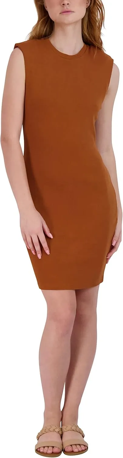 BCBGeneration Women's Fitted Bodycon Sleeveless Shoulder Pad Crew Neck Mini Dress