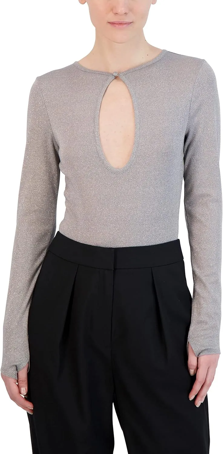 BCBGMAXAZRIA womens Long Sleeve Bodysuit Fitted Keyhole Bodycon Crew Neck One Piece