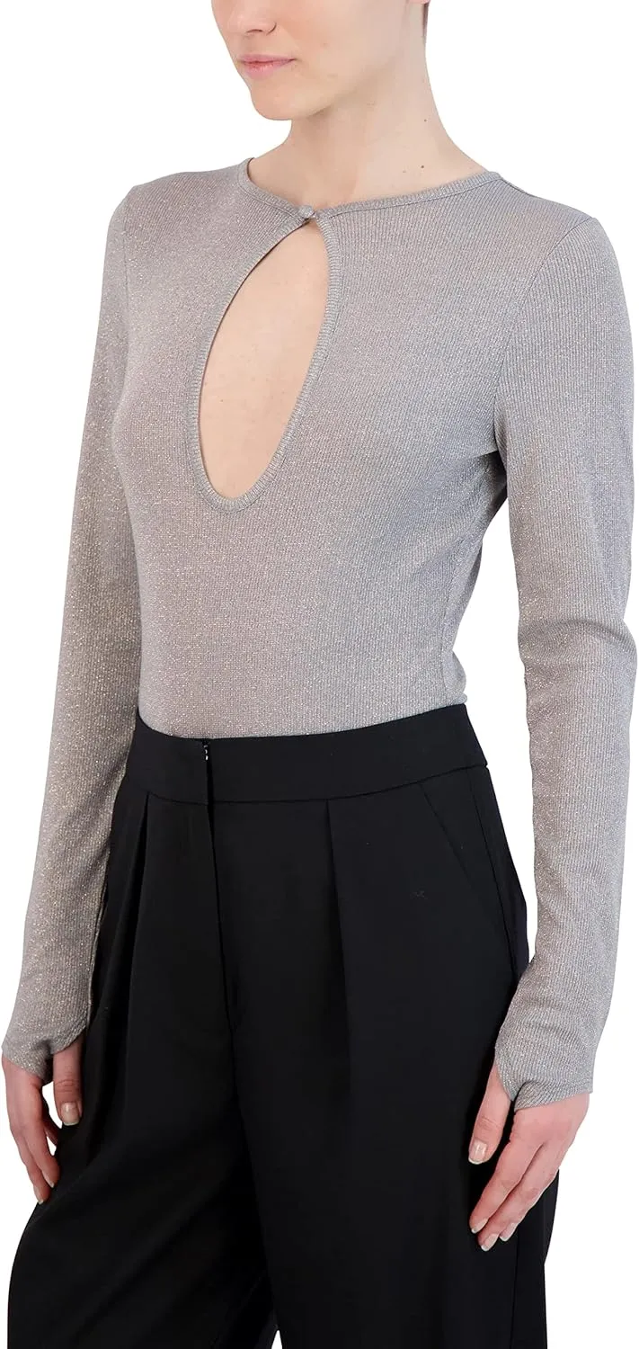 BCBGMAXAZRIA womens Long Sleeve Bodysuit Fitted Keyhole Bodycon Crew Neck One Piece