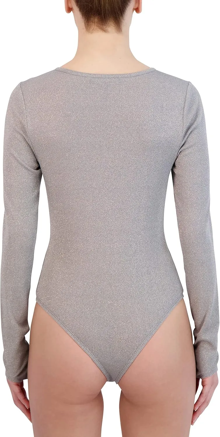 BCBGMAXAZRIA womens Long Sleeve Bodysuit Fitted Keyhole Bodycon Crew Neck One Piece