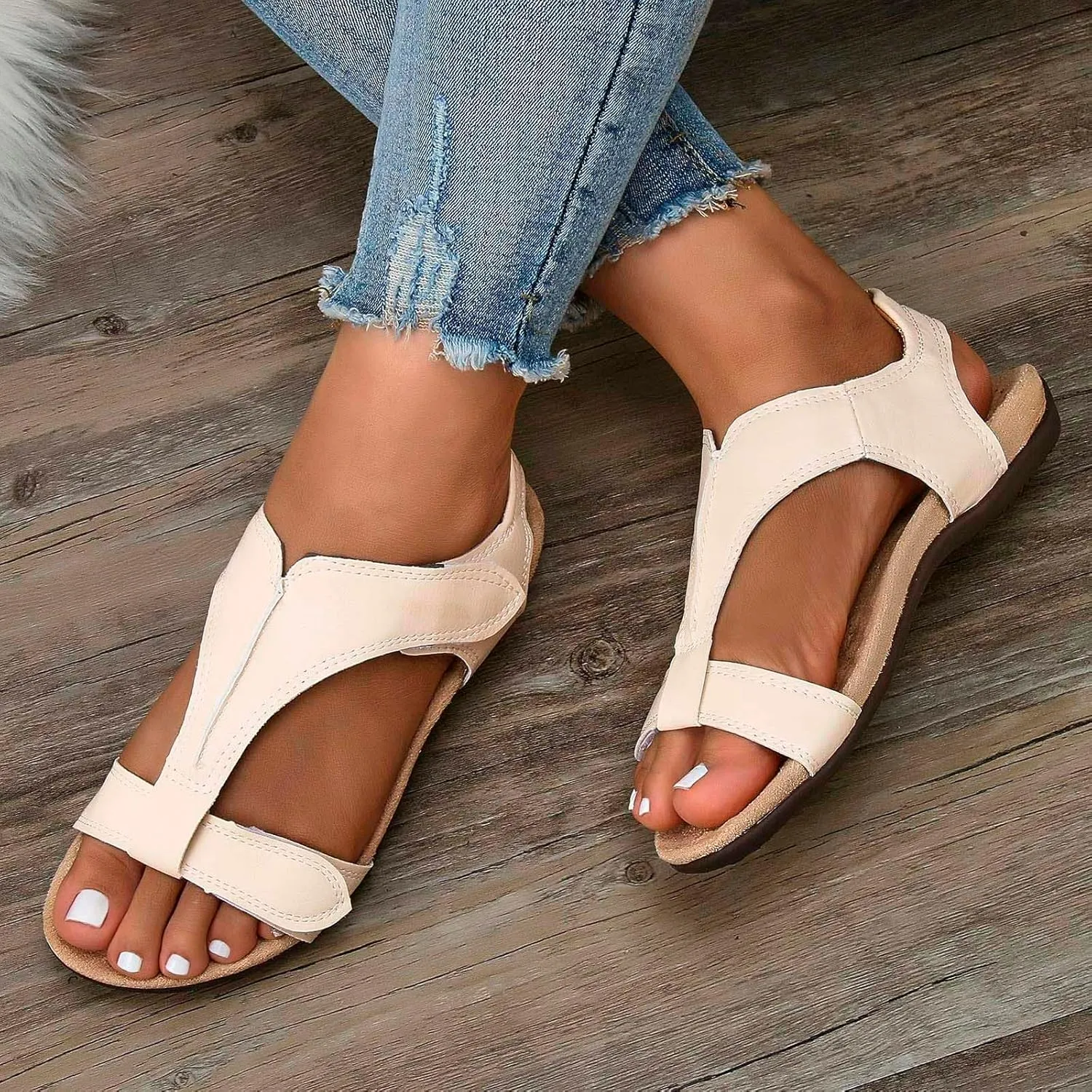 Beach Sandals For Women Peep Toe Flat Heel Summer Casual Shoes Comfortable Walking Sandal Casual Dressy Arch Support Footwear