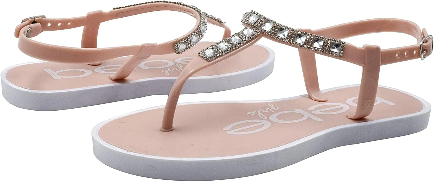 bebe Girls' Sandals - Rhinestone Flat White Thong Sparkly Kids Sandals, Girls Dress Jelly Flip Flop Shoes, Girl Shoes for Wedding, Summer and Spring Dress Size