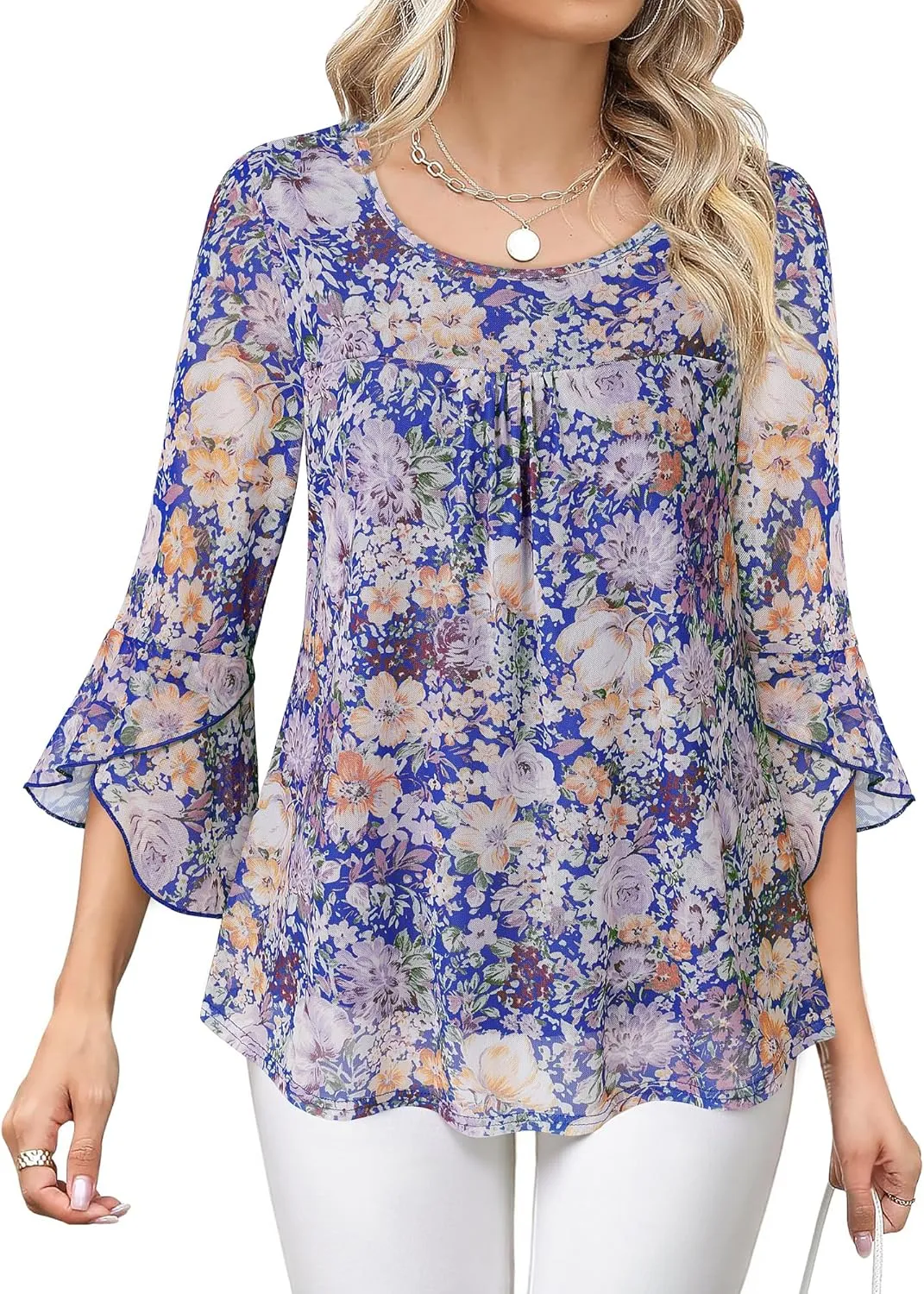 Bebonnie Women's Ruffle 3/4 Sleeve Elegant Dressy Blouses Crew Neck Double Layers Mesh Tunic Tops