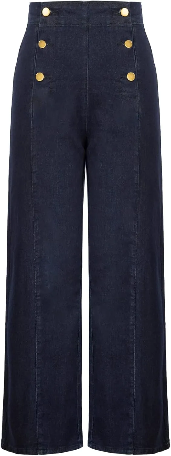 Belle Poque Women's High Waisted Wide Leg Jeans Button Decorated Casual Stretchy Demin Pants with Pockets