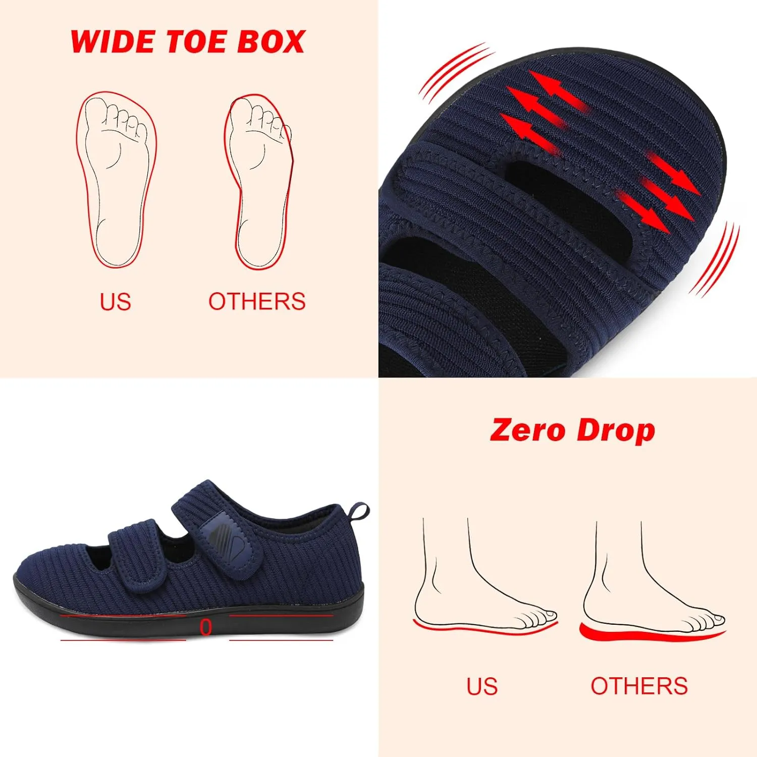 Besroad Womens Walking Shoes Wide Diabetic Shoes Adjustable Barefoot Casual Sneakers Breathable Zero Drop Arthritis Edema Sneakers Indoor Outdoor