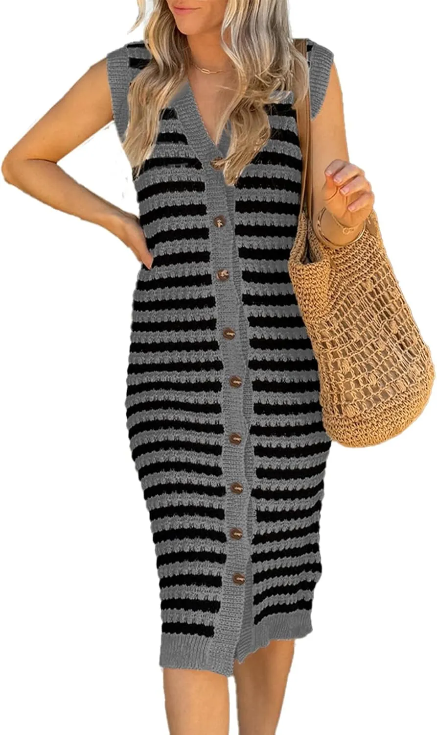 BLENCOT Women's V Neck Striped Summer Tank Dress Causal Sleeveless Button Cardigan Midi Cover Up Dresses