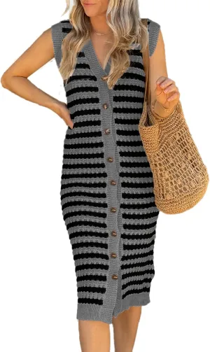BLENCOT Women's V Neck Striped Summer Tank Dress Causal Sleeveless Button Cardigan Midi Cover Up Dresses