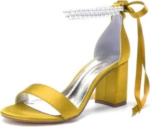 Block Heel Pearl Wedding Shoes for Bride Women Heeled Sandals Bridal Heels Chunky