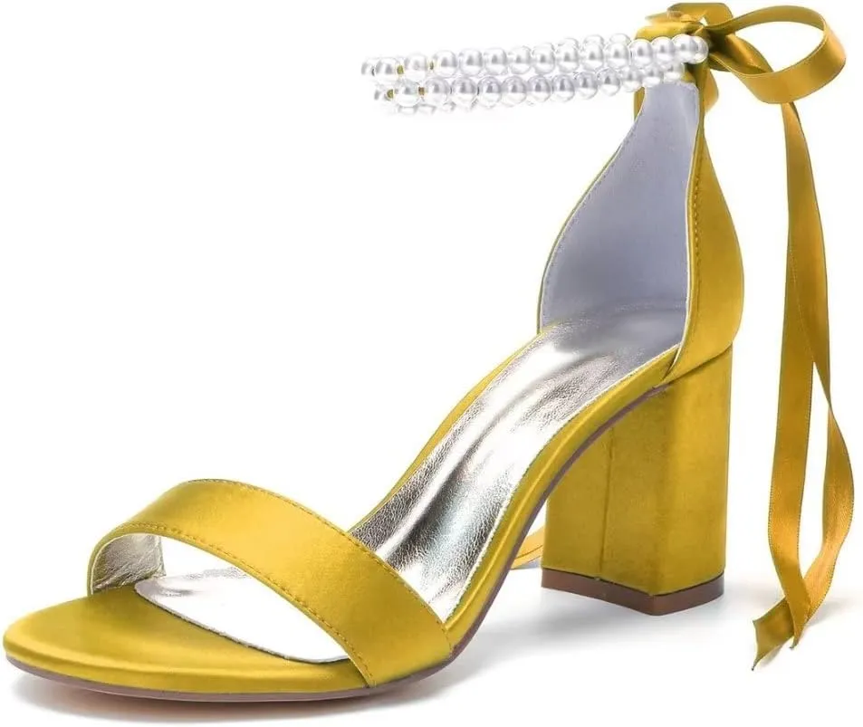 Block Heel Pearl Wedding Shoes for Bride Women Heeled Sandals Bridal Heels Chunky