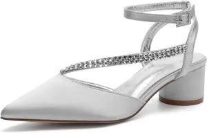 Bridal Shoes Low Heel Rhinestones Satin Strappy Wedding Shoes 4.5CM Pointed Closed Toe Women Party Ankle Strap Sandals Pumps for Prom,Silver,9