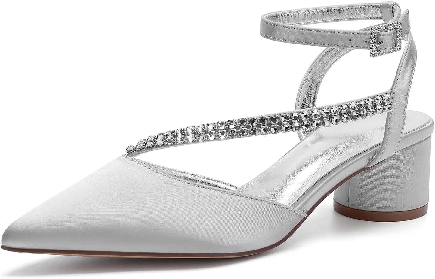 Bridal Shoes Low Heel Rhinestones Satin Strappy Wedding Shoes 4.5CM Pointed Closed Toe Women Party Ankle Strap Sandals Pumps for Prom,Silver,9