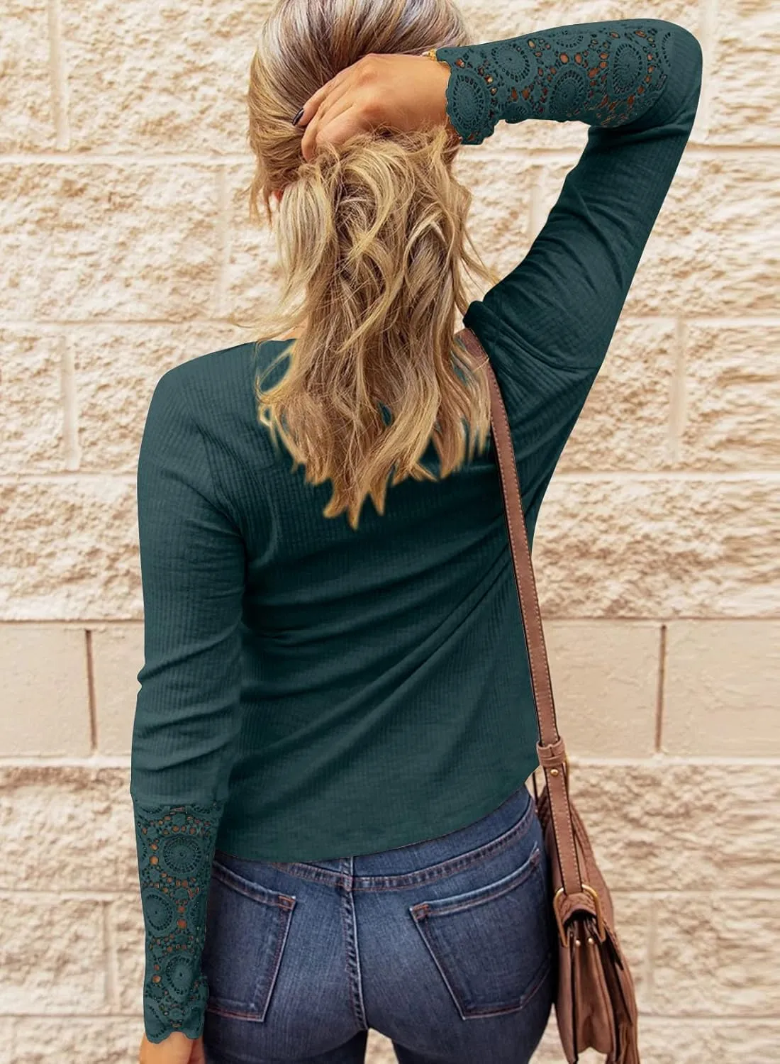 BTFBM Women Long Sleeve Shirts Solid Button V Neck Lace Sleeves Slim Fit Casual Fall Shirts 2025