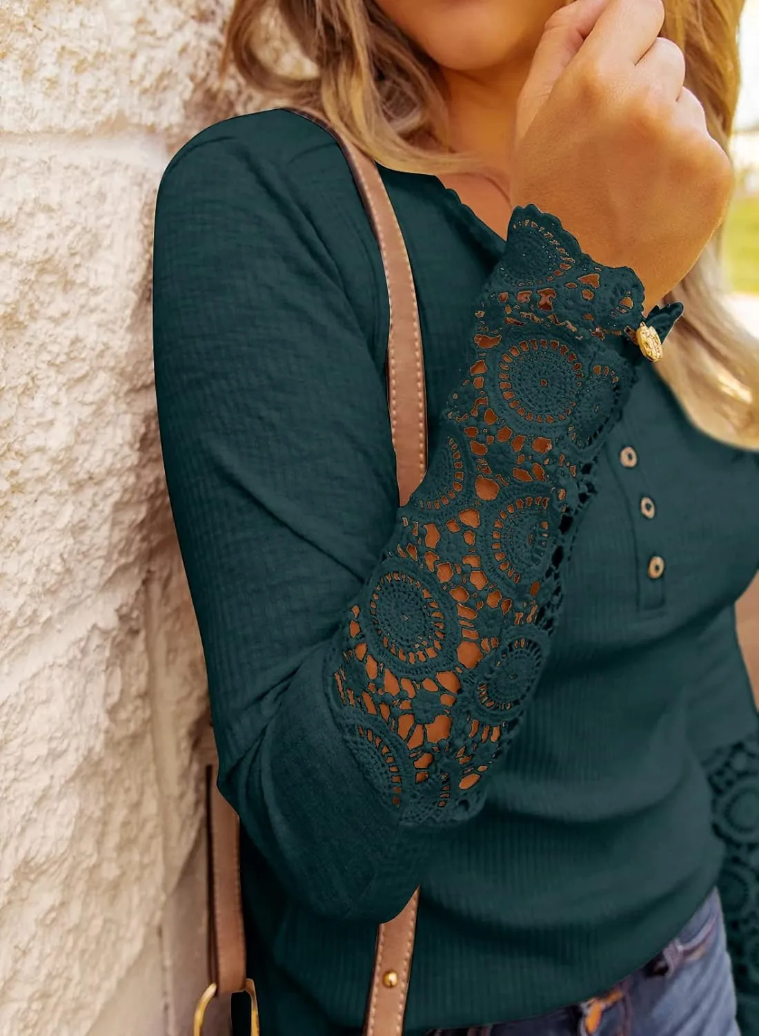 BTFBM Women Long Sleeve Shirts Solid Button V Neck Lace Sleeves Slim Fit Casual Fall Shirts 2025