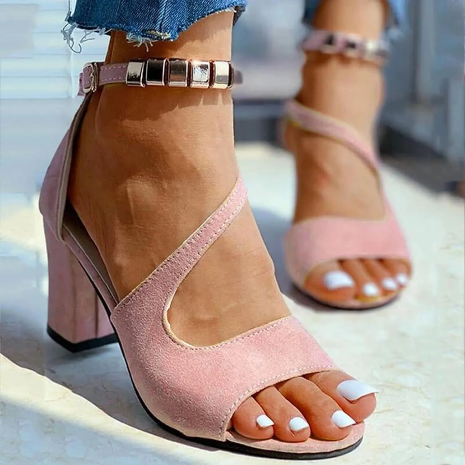 Buckle Heel Sandals for Women Summer Beaded Wedding Trendy Dressy Beach 2025 Spring Ladies Cutes Comfy Sandals Heels