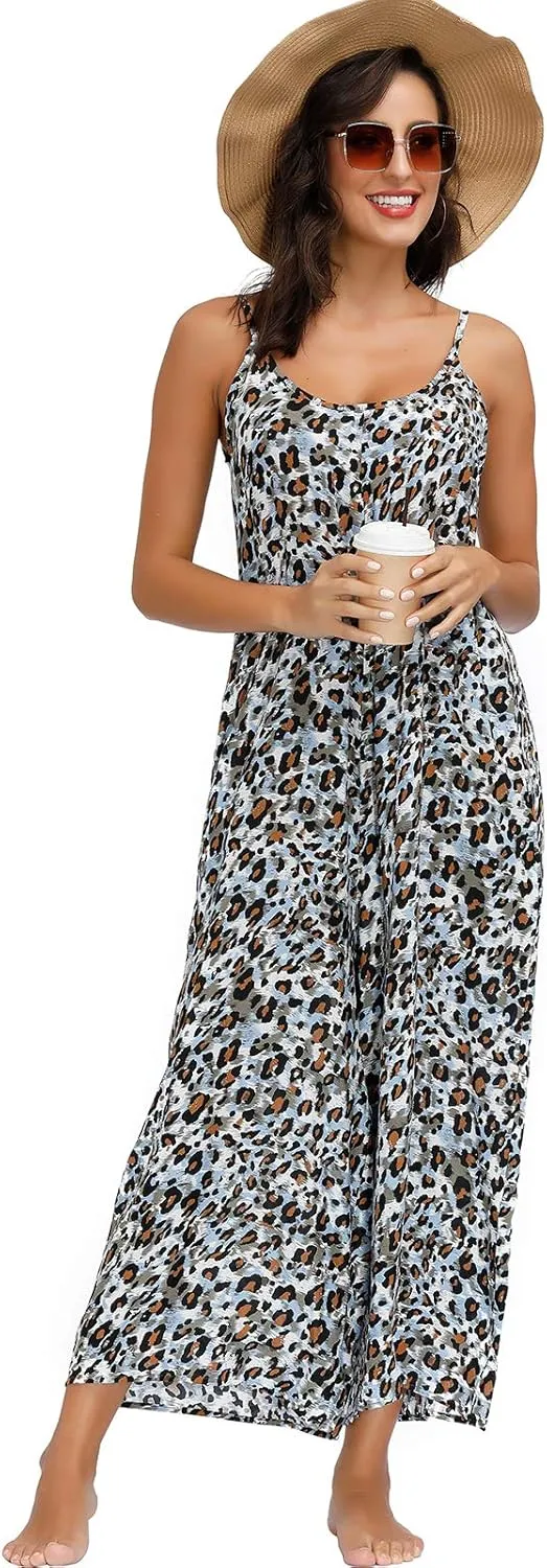 BUENOS NINOS Women's V Neck Floral Maxi Dress Boho Printed Adjustable Spaghetti Strap Ethnic Beach Long Dress with Pockets