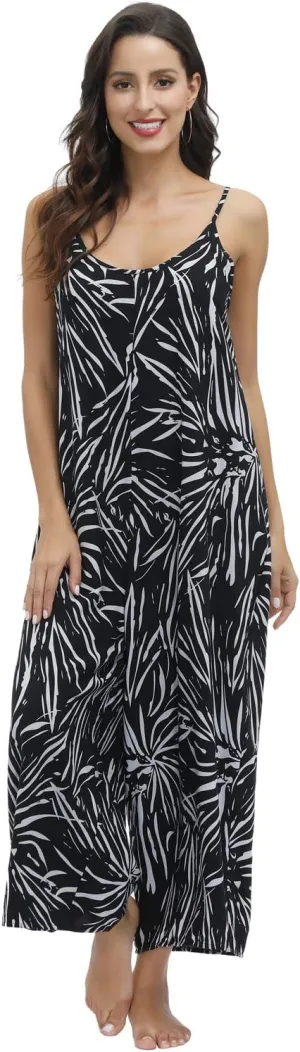 BUENOS NINOS Women's V Neck Floral Maxi Dress Boho Printed Adjustable Spaghetti Strap Ethnic Beach Long Dress with Pockets