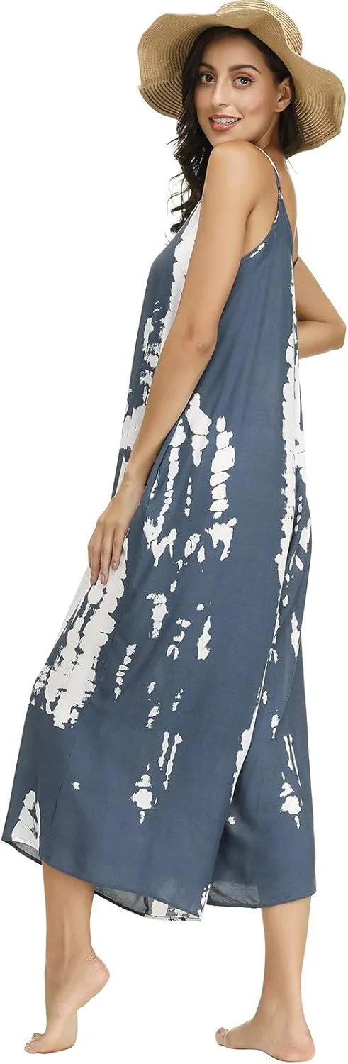 BUENOS NINOS Women's V Neck Floral Maxi Dress Boho Printed Adjustable Spaghetti Strap Ethnic Beach Long Dress with Pockets