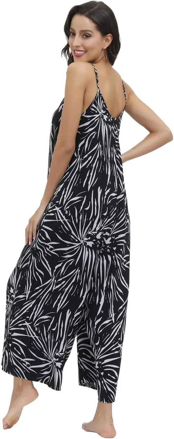 BUENOS NINOS Women's V Neck Floral Maxi Dress Boho Printed Adjustable Spaghetti Strap Ethnic Beach Long Dress with Pockets