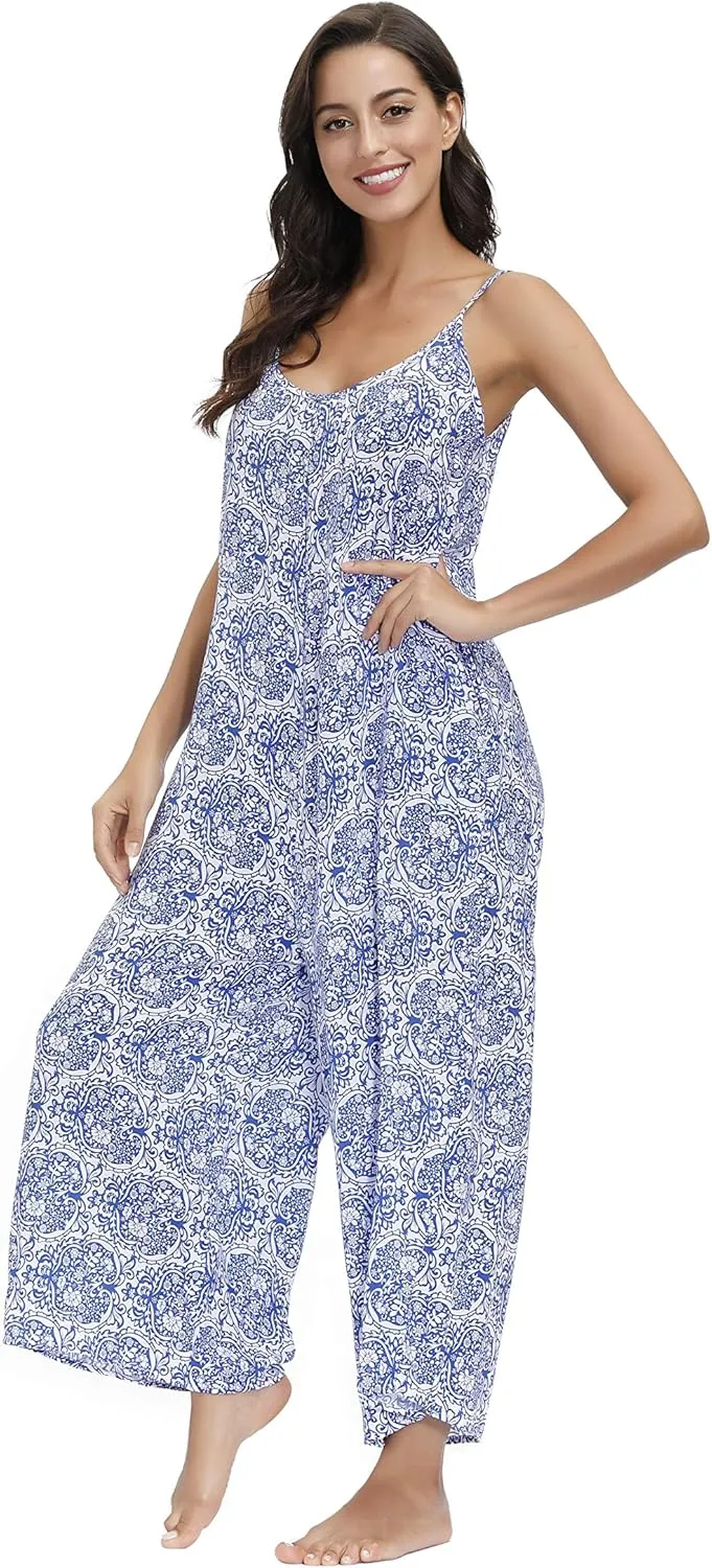 BUENOS NINOS Women's V Neck Floral Maxi Dress Boho Printed Adjustable Spaghetti Strap Ethnic Beach Long Dress with Pockets