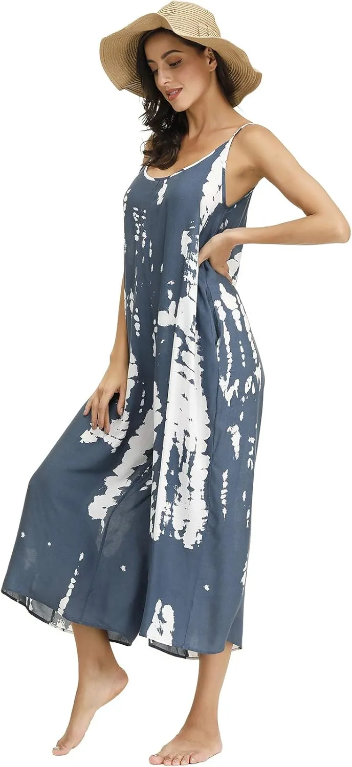 BUENOS NINOS Women's V Neck Floral Maxi Dress Boho Printed Adjustable Spaghetti Strap Ethnic Beach Long Dress with Pockets