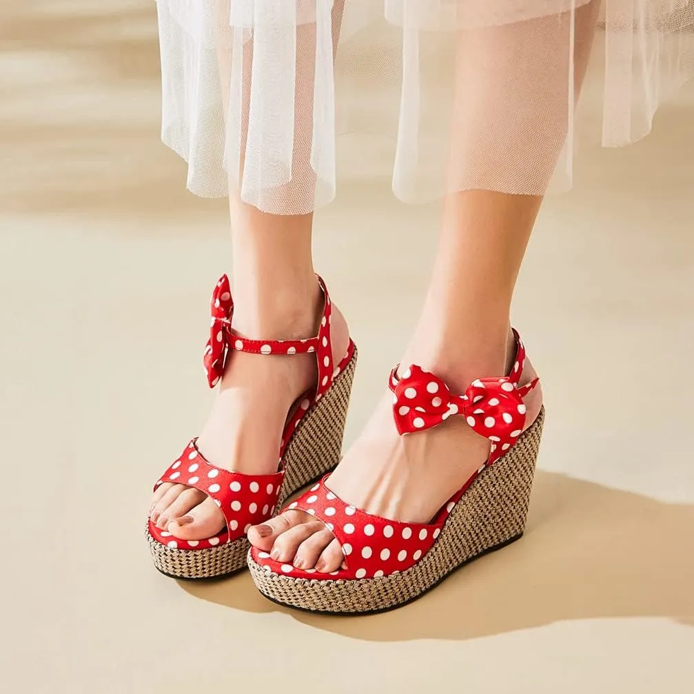 Caradise Womens Polka Dot Wedge Bow Platform Sandals Peep Toe Ankle Strap Heels