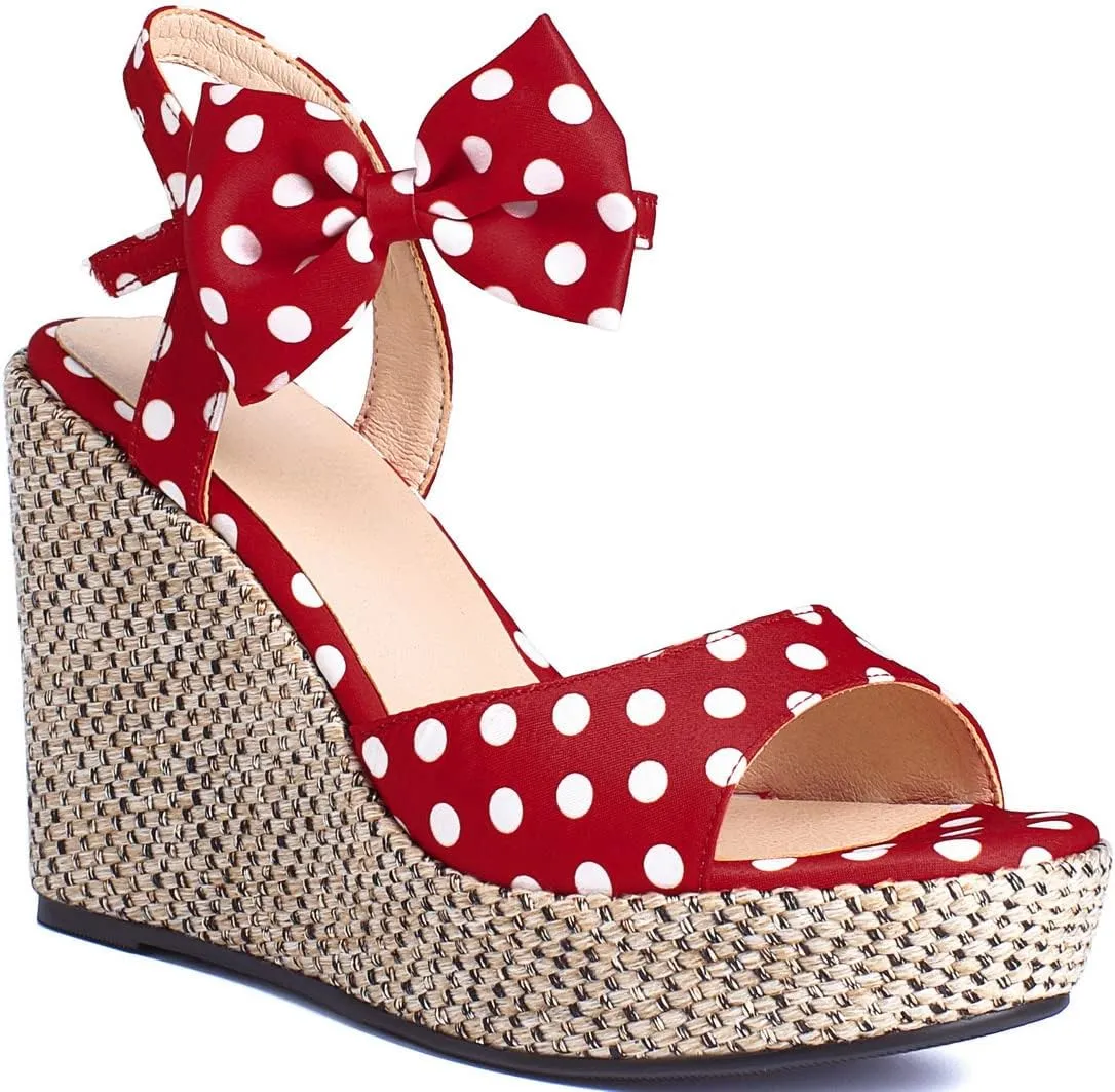 Caradise Womens Polka Dot Wedge Bow Platform Sandals Peep Toe Ankle Strap Heels