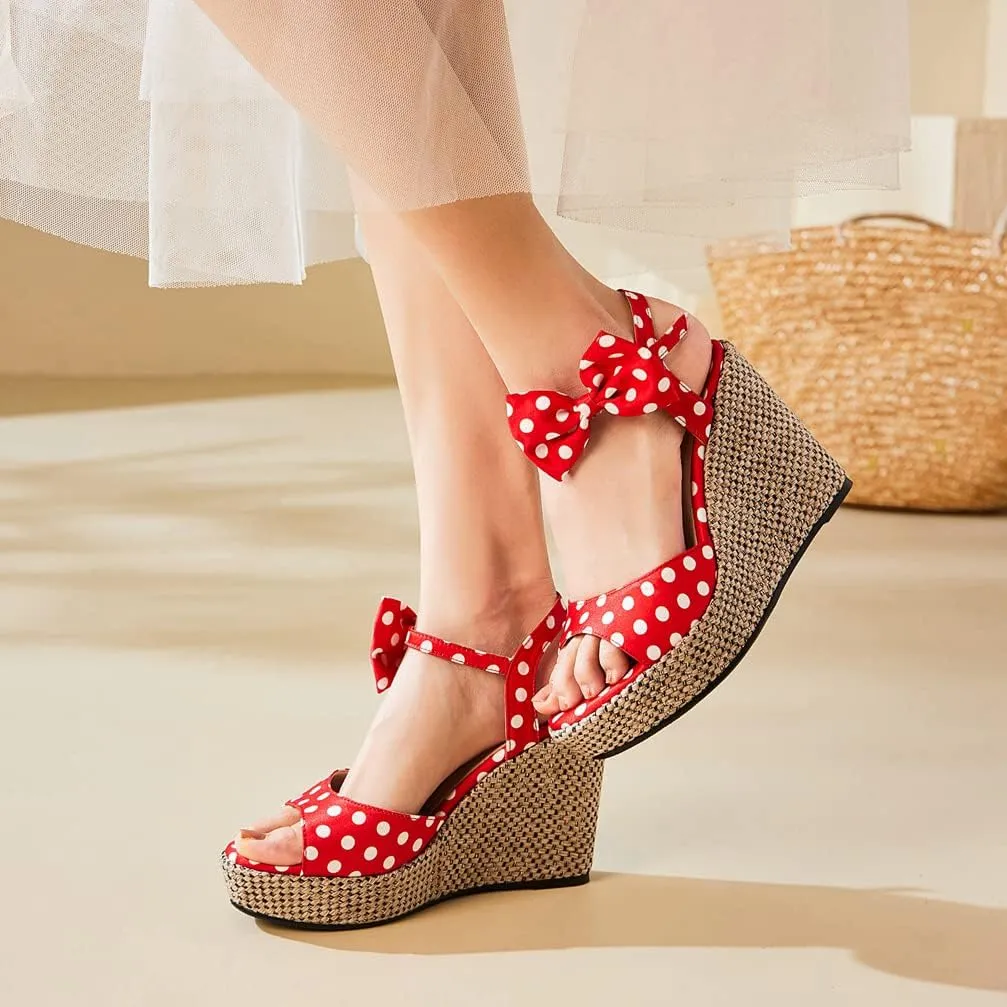 Caradise Womens Polka Dot Wedge Bow Platform Sandals Peep Toe Ankle Strap Heels