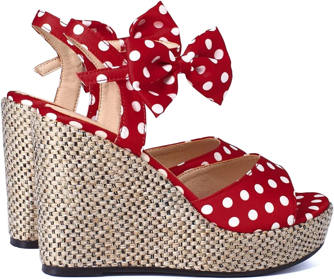 Caradise Womens Polka Dot Wedge Bow Platform Sandals Peep Toe Ankle Strap Heels